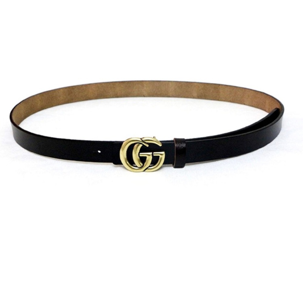 Black leather gold logo belt, 105 cm length